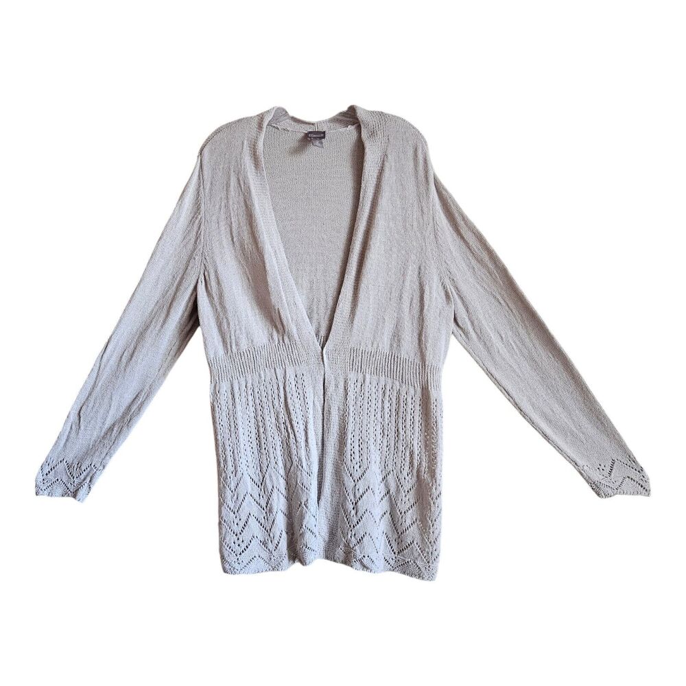 Chico's 2 Women's 12 14 Pointelle Cardigan Sweater Beige Open Front Lightweight
